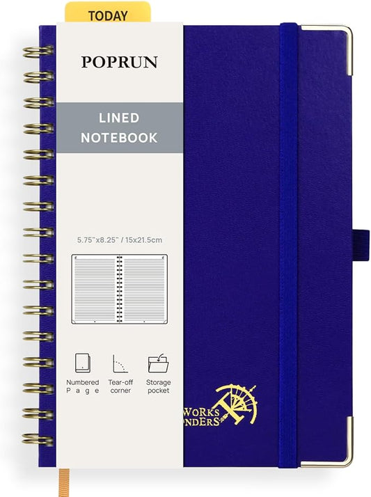 POPRUN Lined Spiral Journal Notebook, [A5-5.75'' x 8.25''] - 120 GSM Thick Paper, 141 Numbered Pages, College Ruled Notebook for Men & Women with Pocket, Index Tabs, 8 Perforated Sheets, Royal Blue