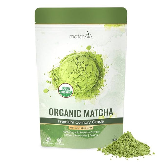 MatchAiA Premium Culinary Grade, USDA-Certified Organic Matcha, 100% Pure Green Tea Powder, Perfect for Lattes, Smoothies, Desserts and Baking, Sugar Free, Gluten Free (150g / 5.3oz Pouch)