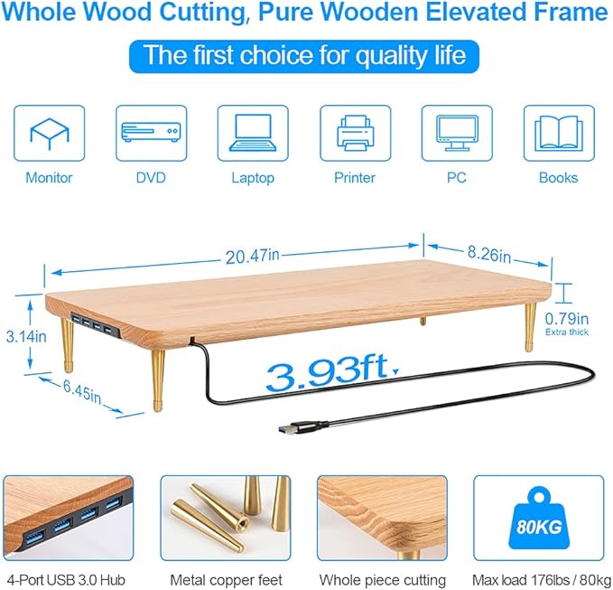 Wood Riser Monitor Stand with USB Ports Computer Stand w/Slot for Tablet & Cellphone Computer Riser w/Big Storage, Dual Monitor Riser for PC, Computer, Laptop, Printer