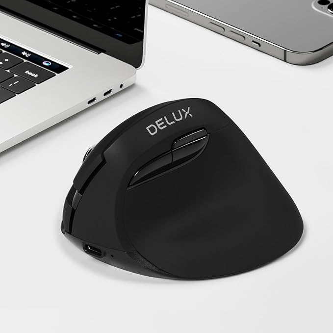 DeLUX Wireless Vertical Mouse, Small Rechargeable Silent Ergonomic Mouse with BT 5.2 and USB Receiver, 6 Buttons and 4000 DPI, for Carpal Tunnel (M618mini-Black)