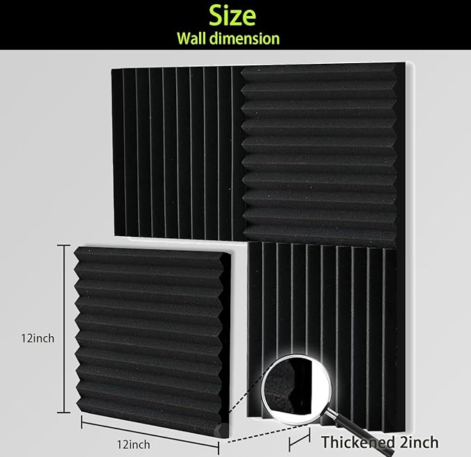 12 Pack Sound Proof Foam Panels for Walls, Thickened 2x12x12 Inches Wedges Acoustic Panels Sound Absorbing, High Density Pyramid Noise Reduction Panels