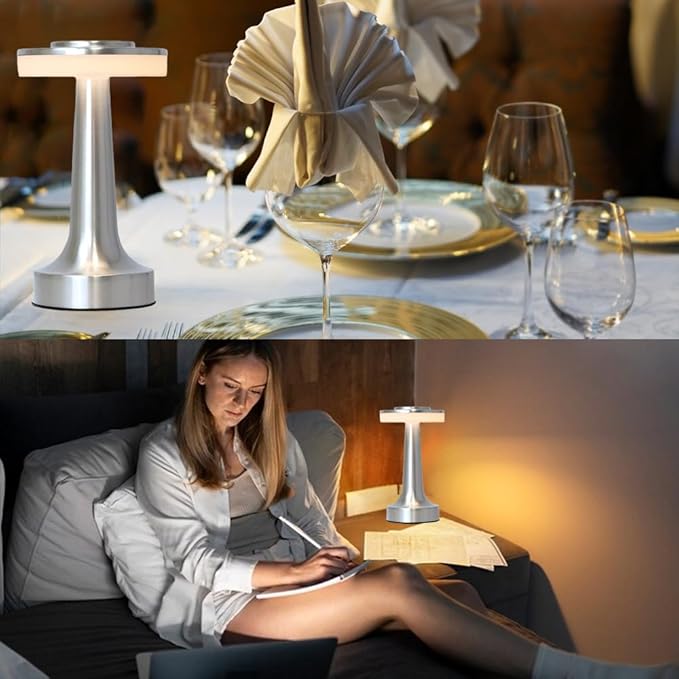 Cordless Metal Desk Lamp, Touch Sensor Control LED Table Lamp,3 Color Stepless Dimmable Battery Powered Lamp for Living Room, Dorm, Home Office (Silver)