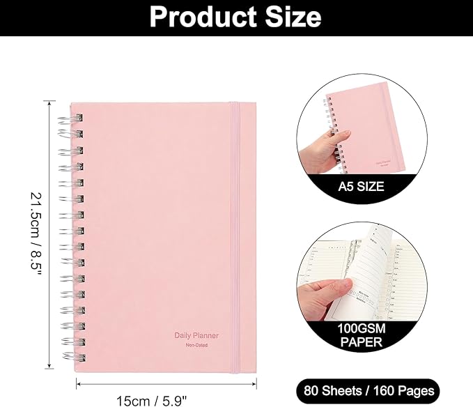 PATIKIL Undated Daily Planner with Hourly Schedule, A5 5.5"x 8.5" To-Do List Hard Cover Spiral Notebook Appointments Planner with Inner Pocket to Organize Daily Tasks Agendas, Pink