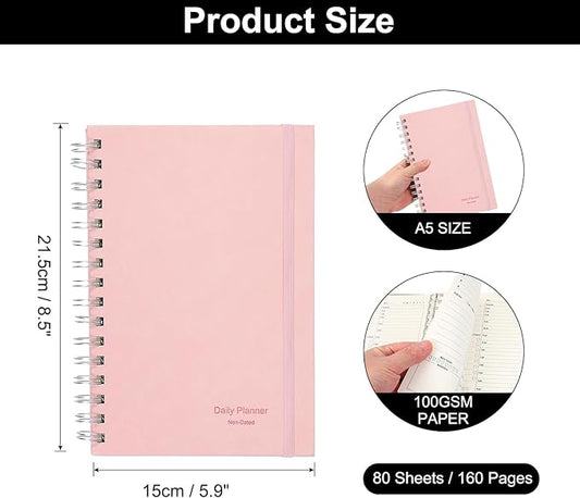 PATIKIL Undated Daily Planner with Hourly Schedule, A5 5.5"x 8.5" To-Do List Hard Cover Spiral Notebook Appointments Planner with Inner Pocket to Organize Daily Tasks Agendas, Pink