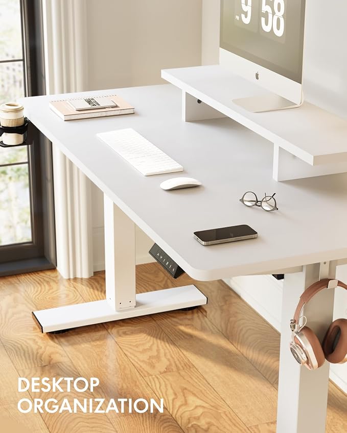 FLEXISPOT Standing Desk with Monitor Stand, 55 x 24 Inches One-Piece Electric Height Adjustable Computer Desk with Cup Holder, Home Office Desks (White Frame+ White Top)