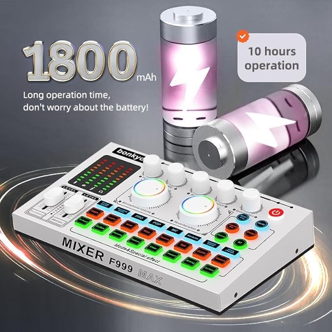 F999MAX Live Sound Card, Professional Audio Mixer & Noise Reduction, Metal Body & Indicator Panel, Audio Interface & Voice Changer, RGB Lighting Effects, DJ Mixer for Live/Gaming/Podcasting/Karaoke