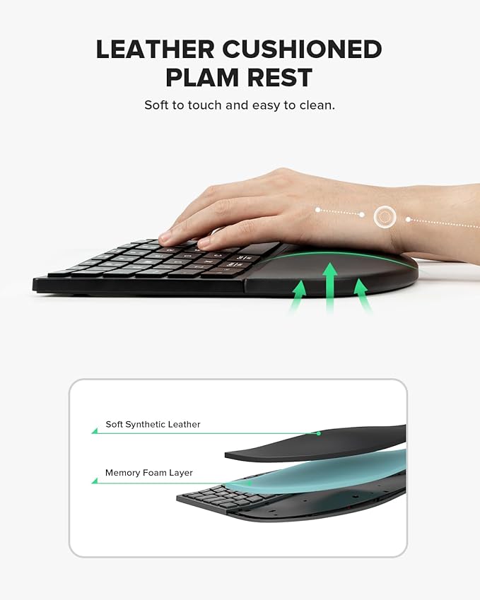 DeLUX Full Size Wireless Ergonomic Keyboard with Palm Rest, Ultra-Thin Split Keyboard, Bluetooth and 2.4G Connection, Rechargeable Battery, Natural Typing (GM909-Black)