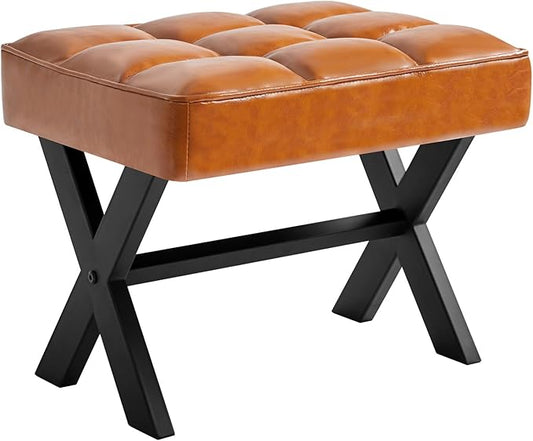 IBUYKE Small 12" H Footrest Stool, Square PU Foot Stool with Metal X-Leg, Multi-Use as Small Side Table, Step Stool for Living Room, Bedroom, Entryway, Office, Light Brown WBD012J