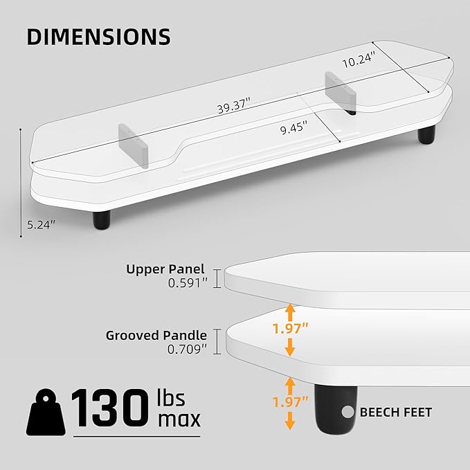 2 Tier Dual Monitor Stand Riser,Wider Board Computer Monitor Stand for 2 Monitors,Slot For Phone/Tablet Office Desktop Organizer for Laptop,PC,Computer,Printer,White