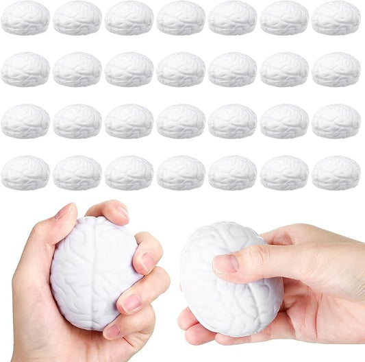 Jenaai 30 Pcs Brain Stress Ball Halloween Squeeze Toy 2.76 Inch PU Hand Muscle Exercise Pressure Ball Funny Stress Relief Toy for Teens Adults Improving Grip Strength Release Pressure(White)