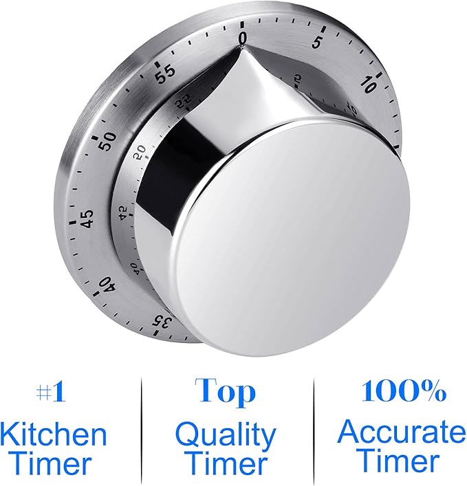 Kitchen Timer, Chef Cooking Timer Clock with Loud Alarm, No Batteries Required, 100% Mechanical - Magnetic Backing, Exquisite Stainless Steel Body - Countdown Reminder - Silver 1Pack
