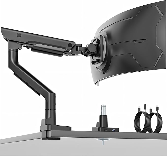monTEK Sleek Aluminum Monitor Arm for 17–57” Ultrawide Screens up to 59 lbs, USB 3.0 A/C, Heavy Duty Single Monitor Arm Desk Mount, Pneumatic Lift, Quick-Release Plate, Clamp/Grommet, VESA 100x100