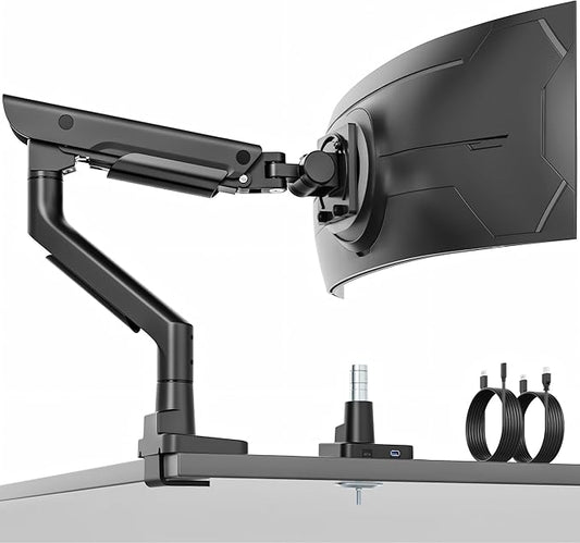 monTEK Sleek Aluminum Monitor Arm for 17–57” Ultrawide Screens up to 59 lbs, USB 3.0 A/C, Heavy Duty Single Monitor Arm Desk Mount, Pneumatic Lift, Quick-Release Plate, Clamp/Grommet, VESA 100x100