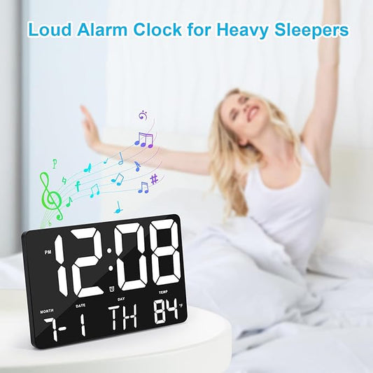 Amgico Digital Alarm Clock with Snooze, Temperature, Auto Dimming, 11.5" Large Display Calendar, Desk/Wall Clock for Bedroom, Living Room, Office, Home, Classroom, Kids, Elderly - White