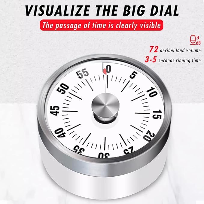 Visual Kitchen Timer for Cooking and Kids with Loud Alarm, Classroom Timers for Desk, No Batteries Required, Mechanical Desk Timer, Magnetic Egg Timer for Study, Chef Clock, Stainless Steel, Countdown