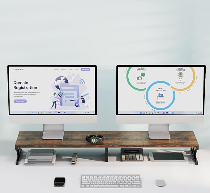 Dual Monitor Stand Riser, Large Wood Monitor Riser for 2 Monitors, Monitor Lift with Storage for Desk, Sturdy Wood&Steel Multi Screen Stand, Desktop Organizer Monitor Stand for Computer