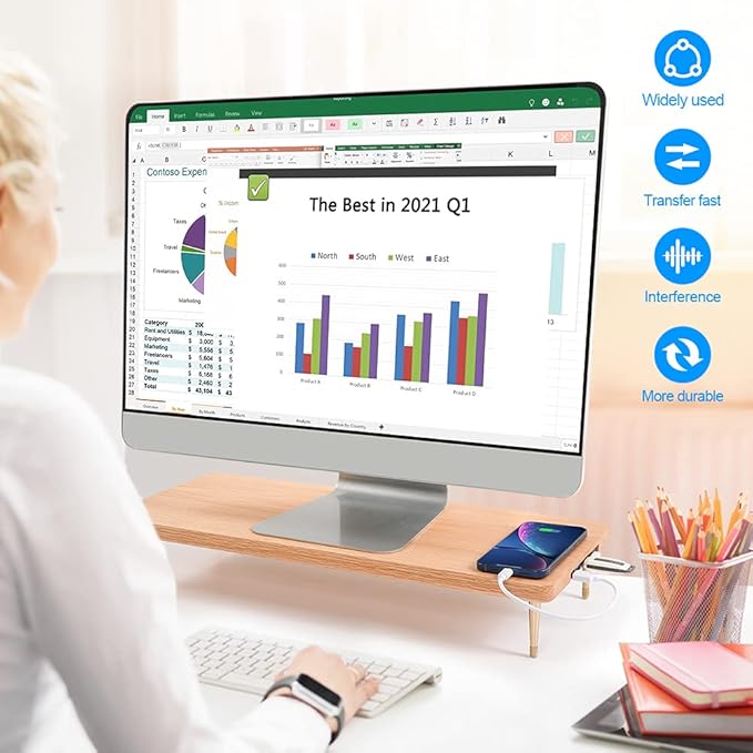 Wood Riser Monitor Stand with USB Ports Computer Stand w/Slot for Tablet & Cellphone Computer Riser w/Big Storage, Dual Monitor Riser for PC, Computer, Laptop, Printer