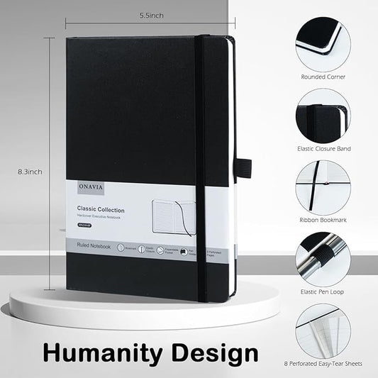 8 Pack Black Lined Journal Notebooks for Work, Travel, College, (A5 Size 100 GSM Thick Paper) - Classic Ruled, Hardcover Notepad for Writing 160 Pages, 5.5 x 8.3 inch, Multipack Journals