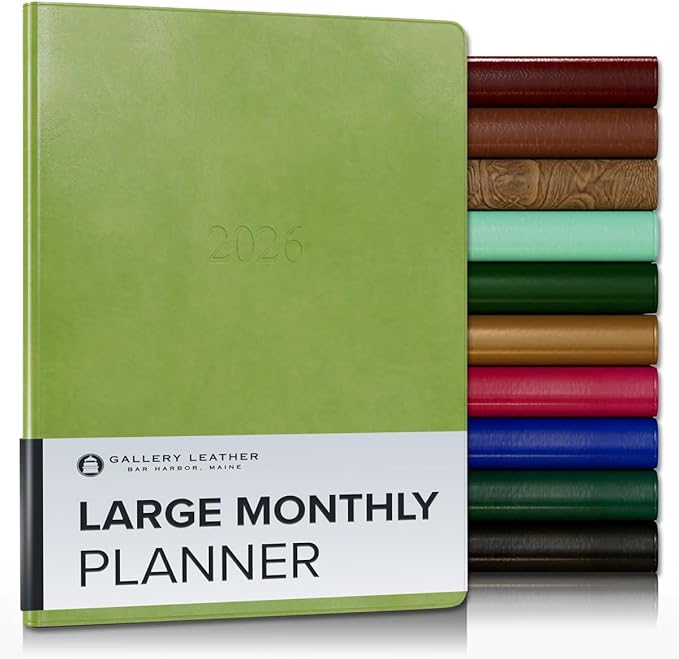 Gallery Leather Large Monthly Planner 2025-2026, Elegantly Bound Calendar Planner and Notebook with Stylish Gold-Gilded Page Edges, 18 Months - Acadia Lime - 9.75x7.5"