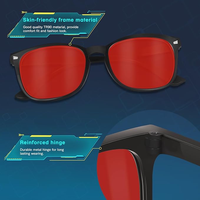 Red Lens Glasses Blue Light Glasses Men Women - 99.9% Blue Green Blocking for Computer, Gaming, TV, Phone Screens