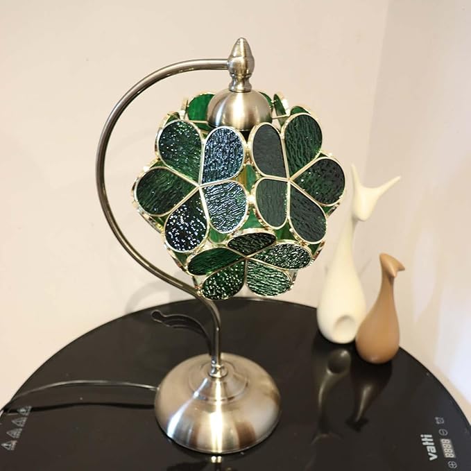 Bieye L10875 Tiffany Style Stained Glass Flower Petal Table Lamp with Brass Base for Home Décor (Green, 8" Cherry Blossom)