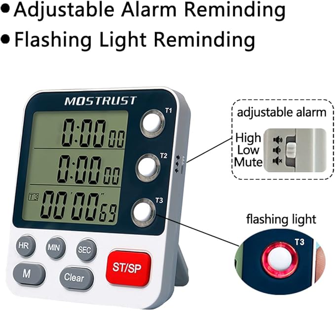 Digital Dual Kitchen Timer, 3 Channels Count Down/Up Triple Timer for Cooking, Magnetic Memory-Preset Large Display Adjustable Alarm Volume, Multi Times Management, 3A Battery Included, White