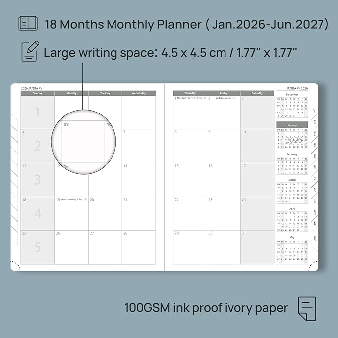 POPRUN Monthly Planner 2026-2027 (Large- 8.5" x 10.5" Soft Cover), 18-Month Calendar Book (Jan.2026 - Jun. 2027), Calendar Planner with Monthly Tabs & Pocket, 100 GSM Paper - Brown