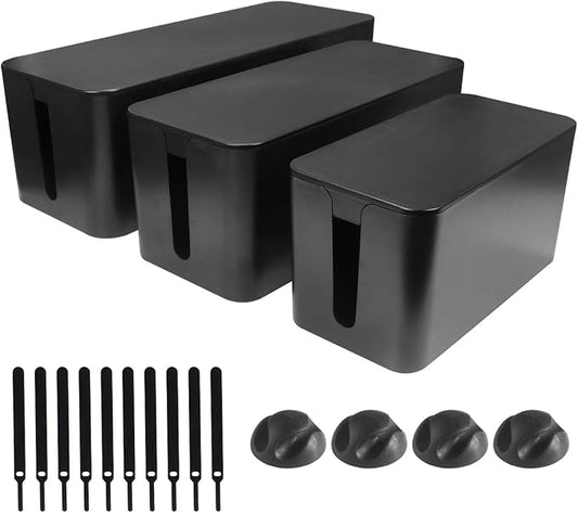 DUNCHATY 3 Pack Cable Organizer Box with Large, Medium, Small Cord Hider Box Safe ABS Material for Cover and Hide TV Wires, Computer, Router, USB Hub and Under Desk Power Strip&Cords