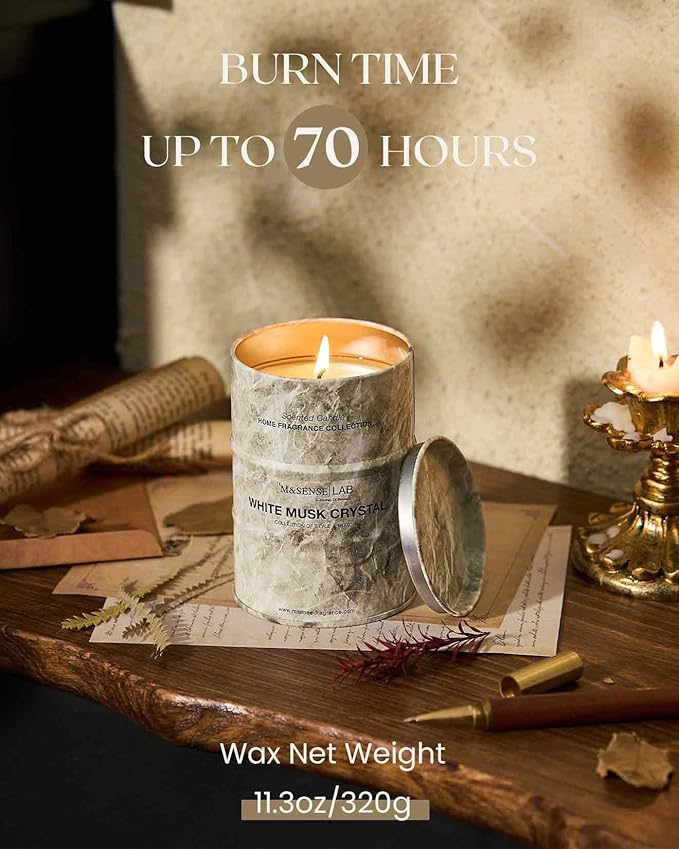 M&SENSE White Musk Scented Candles Natural Non Toxic, Aromatherapy Candle for Stress Relief Meditation Relaxing, Housewarming Gifts for Women Men, 11.3oz 70 Hour Long Burning