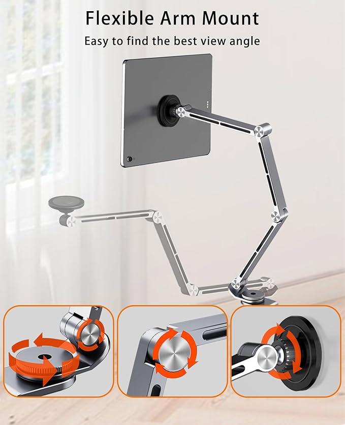 Magnetic Tablet Stand for Desk Aluminum Alloy Phone iPad Desk Holder Overhead Arm Mount with 360°Rotate Base for Magsafe/iPhone/Android/iPad (Magnetic Gray)
