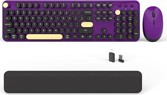 Wireless Computer Keyboards Mouse Combos, COVEVA Colorful Typewriter Retro Keyboard with Round Keycaps, USB Keyboard and Mouse Set 2.4GHz Full-Size Wireless Keyboard and Optical Mouse（Black-Purple）