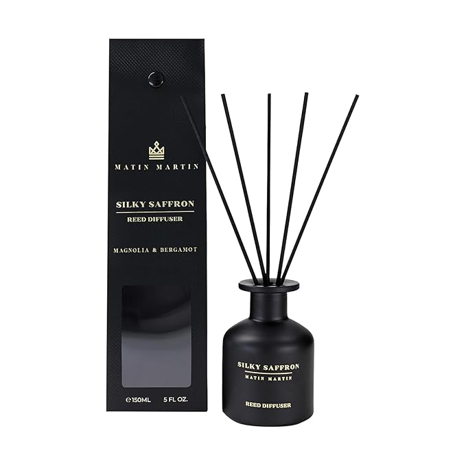 Silky Saffron Reed Diffuser 5 oz - Luxury Aromatherapy with Magnolia, Bergamot - Home Decor Gift for Bedroom, Office, Living Room, Bathroom - Long-Lasting Scent - Premium Fragrance Sticks