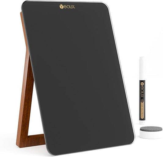 Desktop Black Glass Dry Erase Whiteboard with Reversible Wood Stand, Small Portable White Board Easel for Desk, Reusable Desk Notepad 9.5"x6.7" for Office, Home, School, Marker&Eraser Included, Yeoux