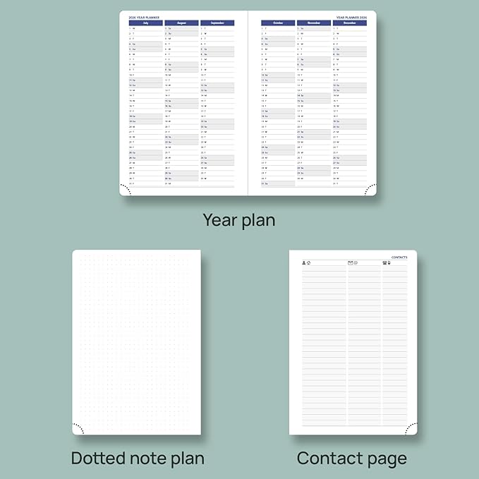 POPRUN Daily Planner 2025-2026 One Page per Day, (A5 Size 5.75" x 8.5") Academic Calendar (July25- June26) Hourly Appointment Book with Vegan Leather Hardcover, Monthly Tabs & Pocket - Pacific Green