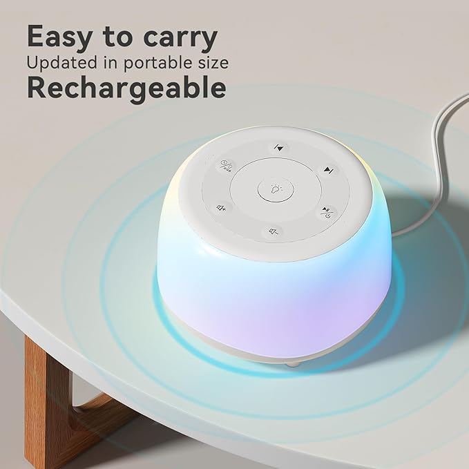 White Noise Sound Machine with 7 Colors Night Light 34 Soothing Sounds, Portable Sound Machine for Baby Adults Kids Sleep with 30 Volume Levels 4 Timers Adjustable Brightness (White)