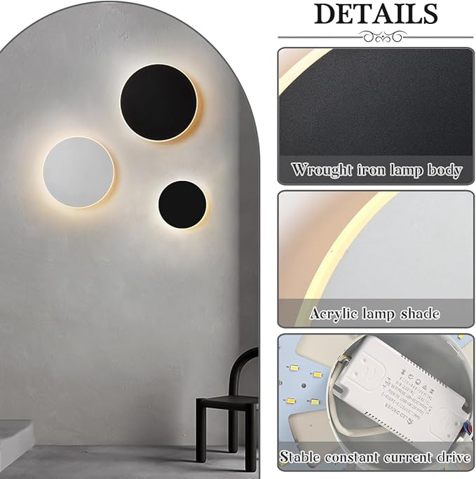 Modern Minimalist Wall Light White/Black Round Disc Wall Sconce Metal Circular Stairwell Lighting Dimmable LED Sconce for Living Room Bedroom