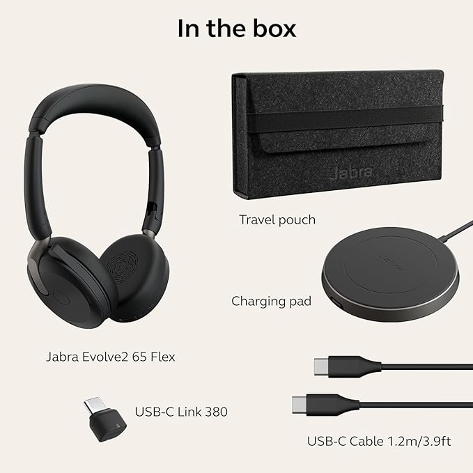Jabra Evolve2 65 Flex Stereo Headset with Bluetooth, Wireless Charging Pad - Noise-Cancelling ClearVoice Technology & Hybrid Active Noise Cancellation - Works with Leading UC Platforms - Black