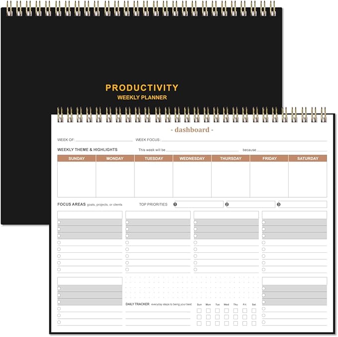 Weekly Productivity Planner - 8.5" x 11" Dashboard Desk Notepad Has 6 Focus Areas to List Tasks for Goals, Projects, Clients, Academic or Meal-Organize Your Daily Work Efficiently, 54 Weeks, Black
