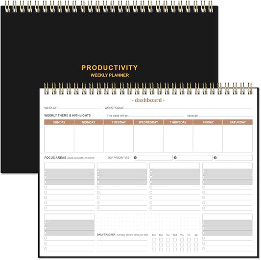 Weekly Productivity Planner - 8.5" x 11" Dashboard Desk Notepad Has 6 Focus Areas to List Tasks for Goals, Projects, Clients, Academic or Meal-Organize Your Daily Work Efficiently, 54 Weeks, Black