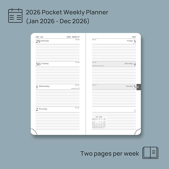 POPRUN Pocket Calendar 2026 (Slim Size-3.5'' x 6.5''), 12 Months (Jan. - Dec. 2026) Small Planner Weekly and Monthly for Purse with Pen Holder, Storage Pocket, Vegan Leather Hardcover - Brown