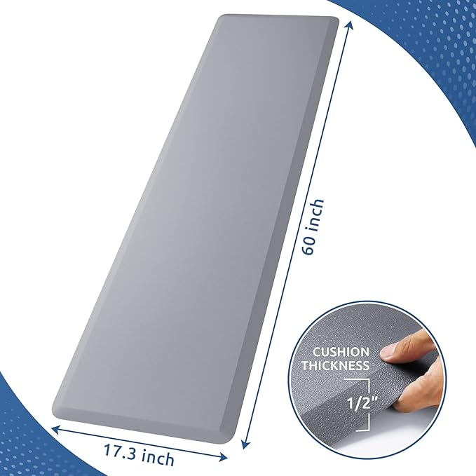 KitchenClouds Cushioned Anti Fatigue Kitchen Rug, 17.3"x60", Waterproof Non Slip, Standing Desk Mat, Comfort Floor Mat for Kitchen, House Sink, Office (Grey)