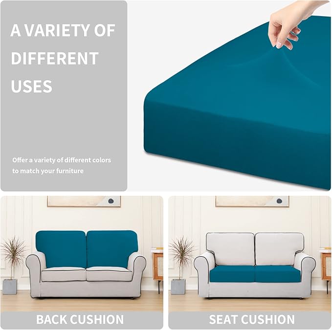 Easy-Going 100% Waterproof Chair Sofa Seat Cushion Slipcovers Couch Cushion Cover Stretch Furniture Protector for Kids, Pets (2-Piece Loveseat Cushion, Peacock Blue)