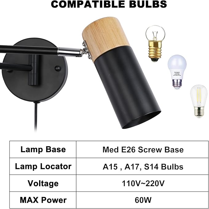 COSYLUX Modern Industrial Swing Arm Wall Lamp with Plug in Cord for Bedroom, Living Room, Office, Rotatable Lampshade Plug in Wall Sconces Light Fixture for Reading and Working, Black (NO Bulb)