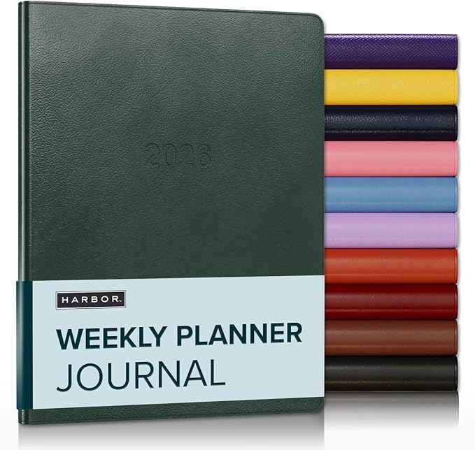 Harbor Weekly Journal Notebook Planner 2025-2026 - Lined, Durable Faux Leather, Softcover, 176 Quality Pages, For Men and Women, For Writing, Work & Travel, Leida Pine - 9x7"