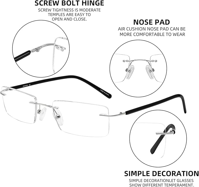 FONHCOO Blue Light Blocking Reading Glasses Anti Blue Ray Unisex Lightweight Rimless Frameless Computer Glasses