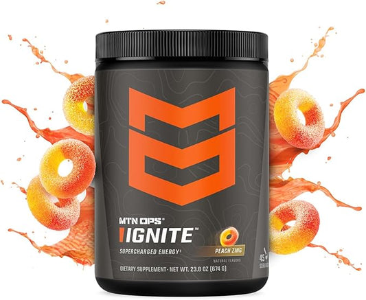 MTN OPS Ignite Energy Drink Powder, Gluten Free Nootropic Supplement Drink Mix, L Arginine, L Citrulline, Caffeine & Nootropic Sugar Free Drink Mix, 45 Servings, Peach Zing