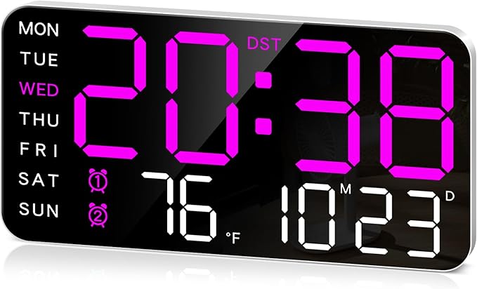 MASHI 8.4''Large Digital Wall Clock, Led Alarm Clock with Big Digits, Date, Temperature, DST, Modern Decor Design for Desk,5-Level Brightness for Room, Bedroom, Gift, Yougster and Elderly (Purple)