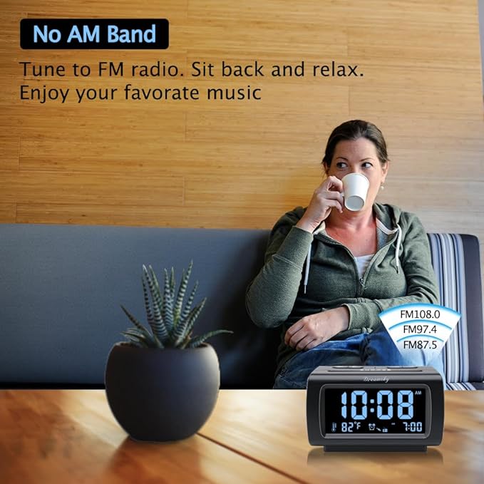 DreamSky Alarm Clock Radios for Bedrooms with Battery Backup, Large Big Numbers with Brightness Dimmer, USB Port, Bedside Digital FM Radio with Sleep Timer, Temperature, Adjustable Volume, Snooze