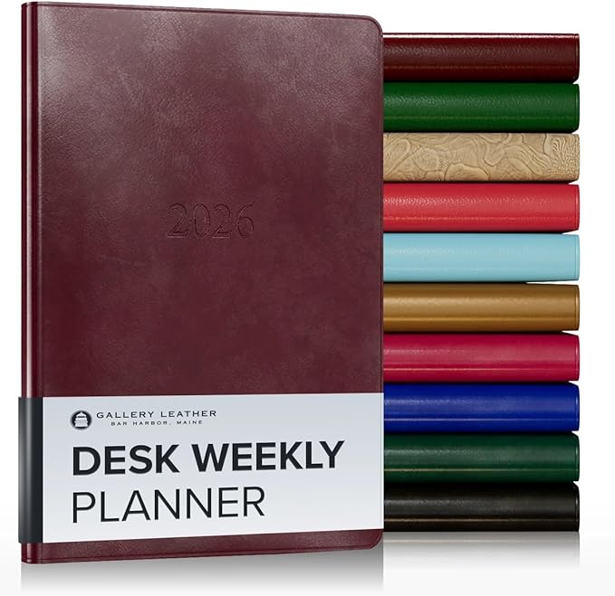 Gallery Leather Desk Weekly Monthly Planner 2025-2026, Elegantly Bound Calendar Planner and Notebook with Stylish Gold-Gilded Page Edges, 12 Months - Acadia Burgundy - 8 x 5.5 "