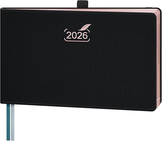 BEZEND 2026 Planner Weekly and Monthly (9" x 5.5") Horizontal Calendar Book with Vertical Hourly Timeslots & Note (Jan-Dec) Pen Holder, Inner Pocket, Casebound Vegan Leather Hardcover - Black